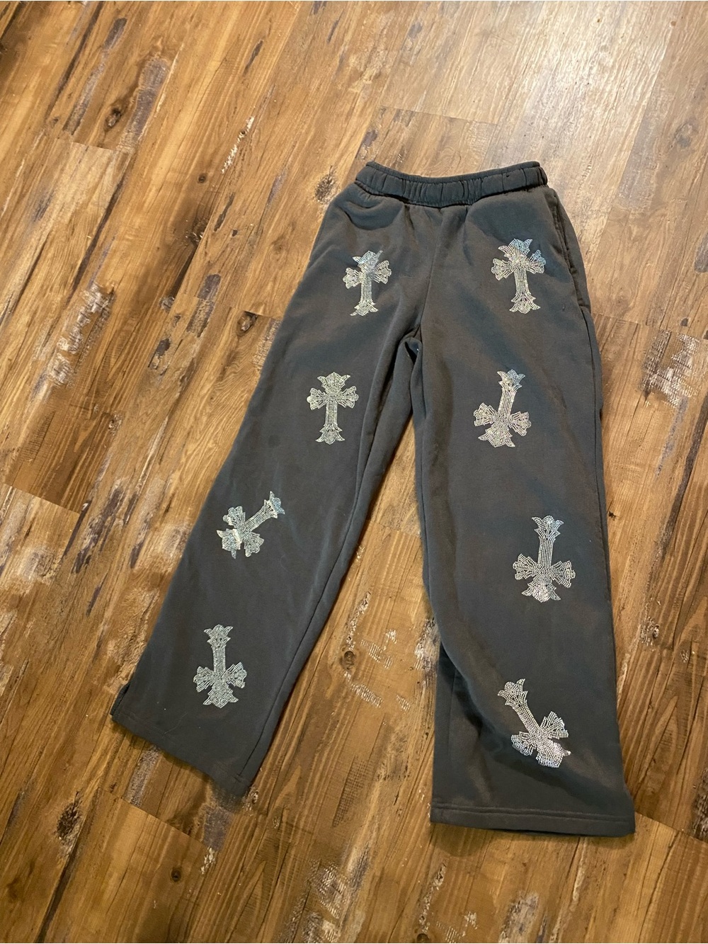 Black Jogger Pants with Silver Cross Appliqués